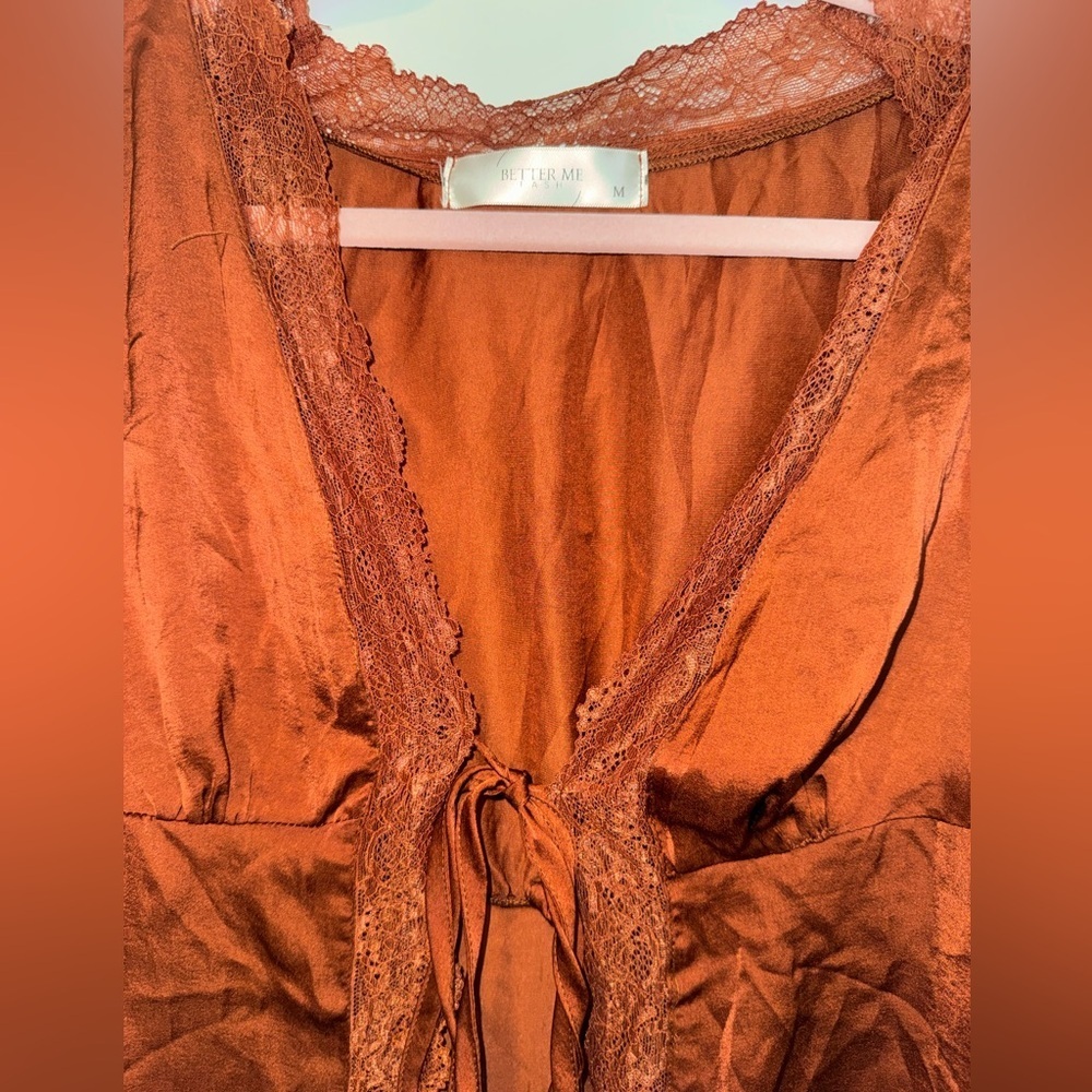 Better Me Rust Satin Tie-Front Top with lace size medium - Picture 3 of 3